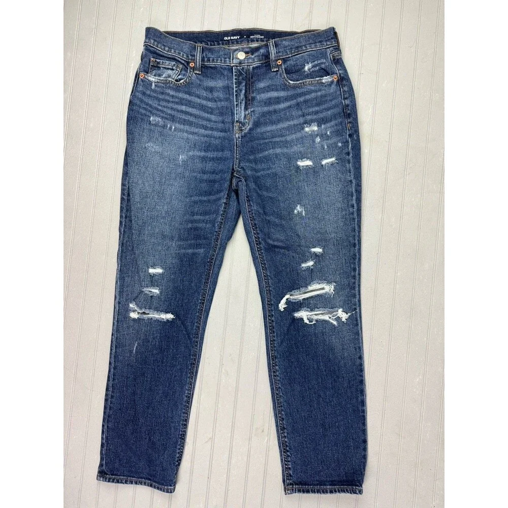 Old Navy Size 8 Womens Jeans Boyfriend Mid Rise Stretch Dark Wash Distress - Picture 1 of 3